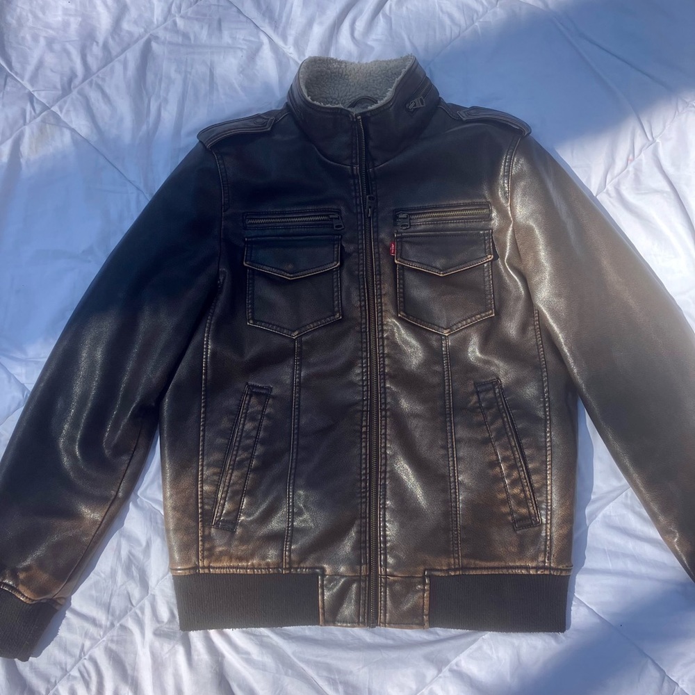 Men's Sherpa Lined Faux Leather Aviator Bomber Levi Brown Small